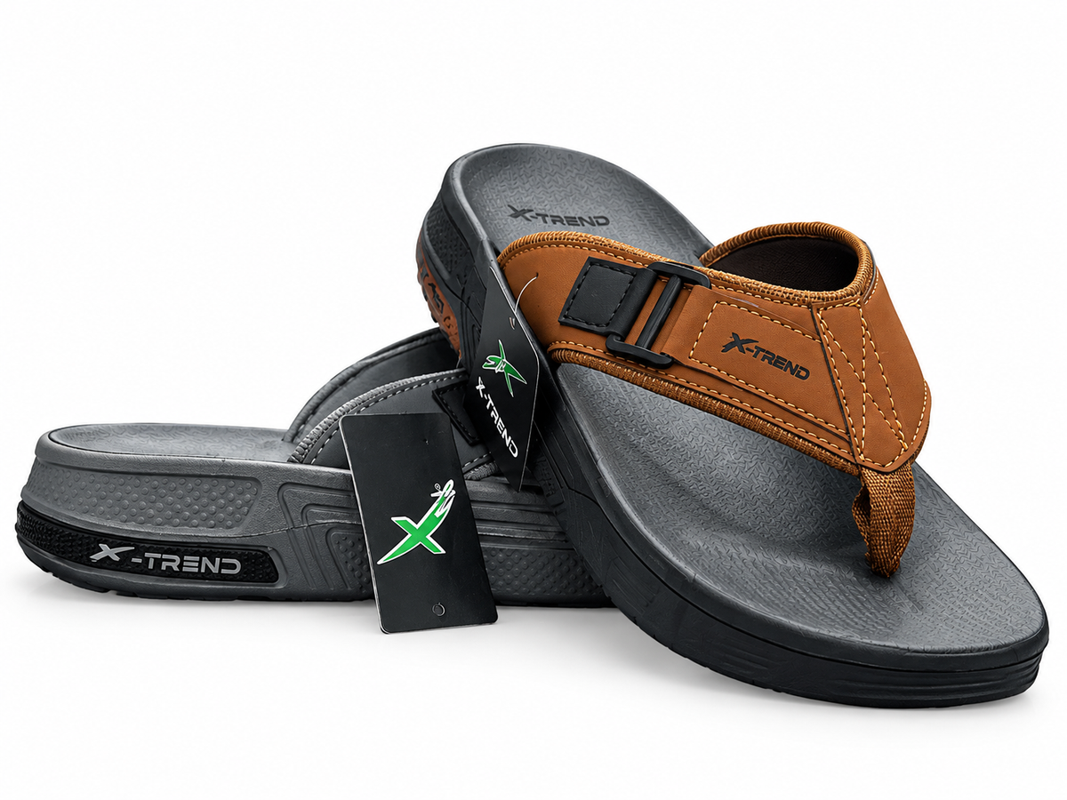 X-Trend Men’s Comfort Toe Post Slippers – Brown & Grey Casual Flip Flops
