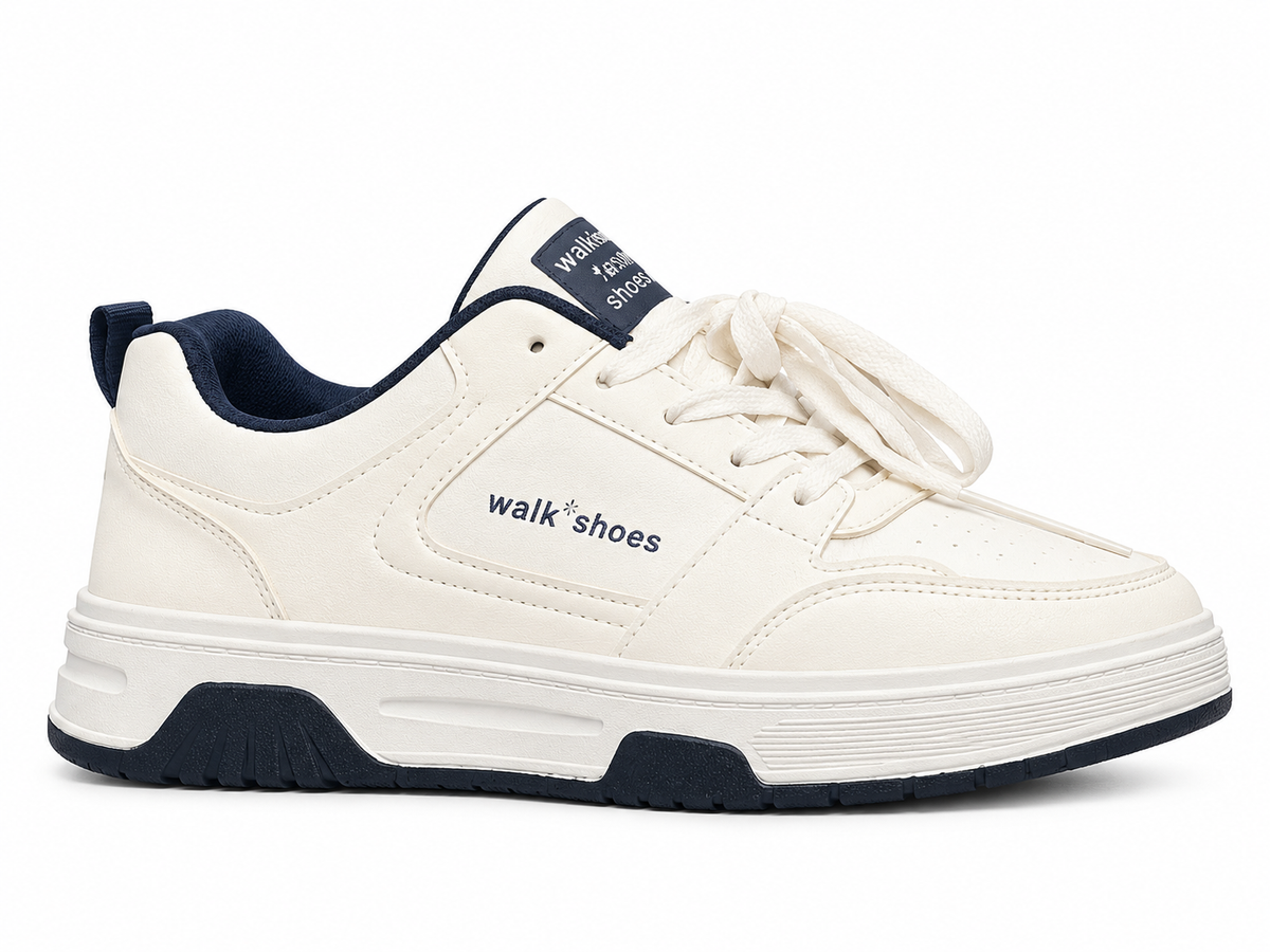 Men’s White Casual Walking Sneakers with Navy Accents